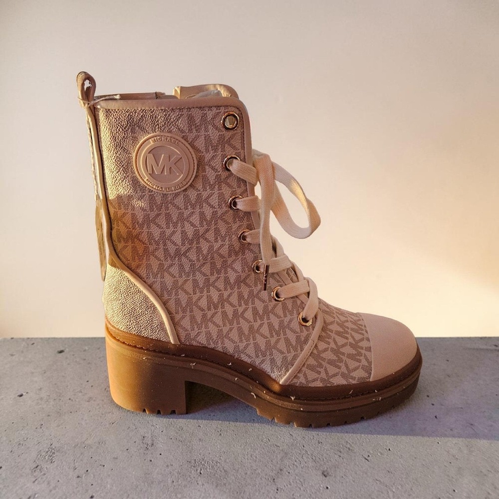 Michael Kors Stark Booties MK Signature Logo Combat Boots Cream Tan Lug Sole NEW
